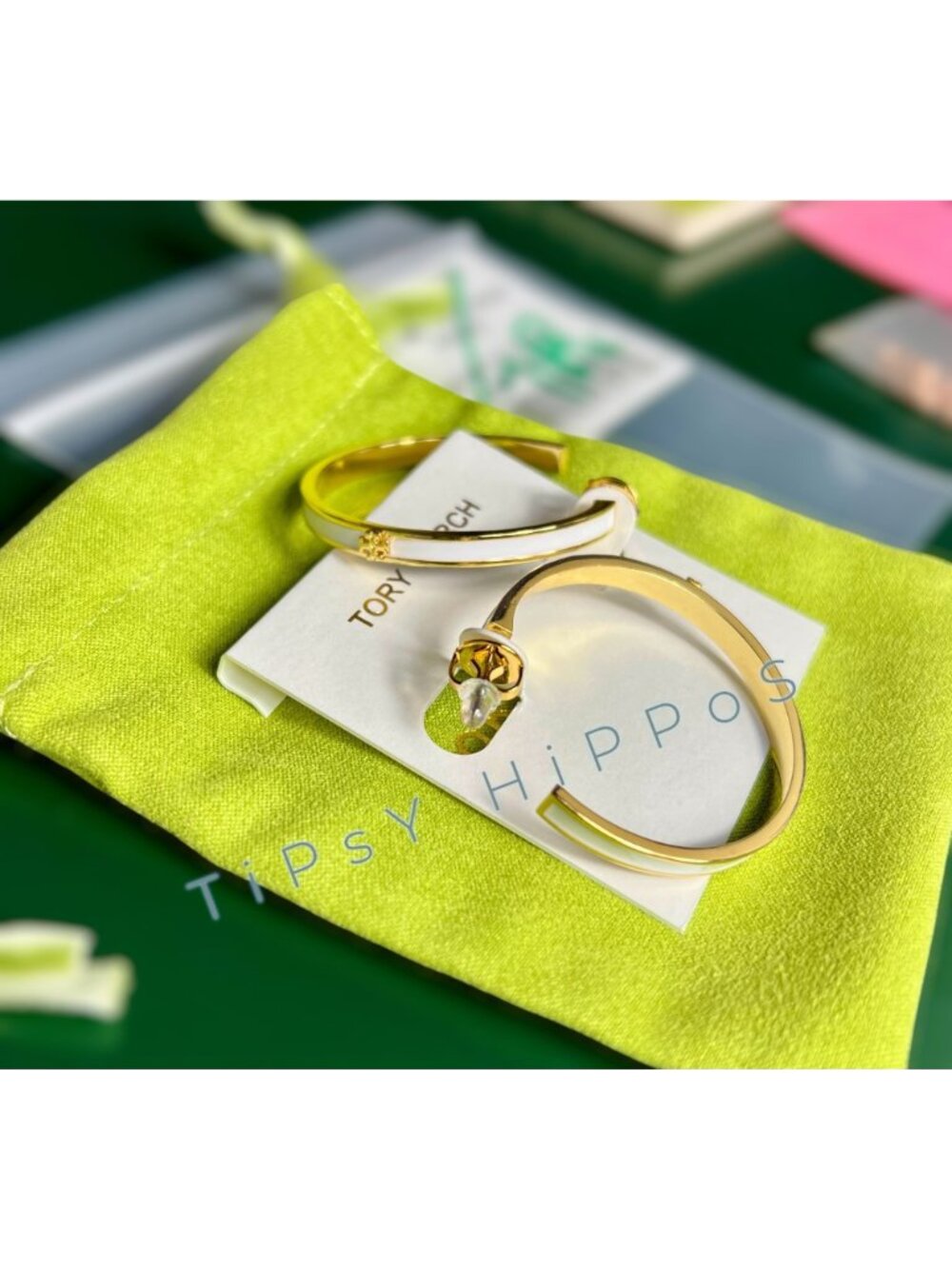 TORY BURCH WHITE AND GOLD KIRA ENAMEL HOOP EARRINGS - Picture 7 of 7